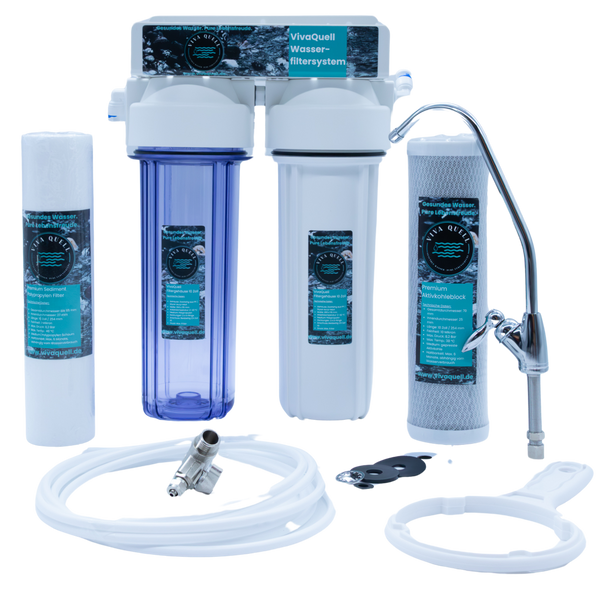 Untertisch-Wasserfilteranlage 2-stufig mit Filtern, Kartusche, Schläuchen und Wasserhahn-Set