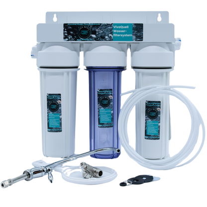 Untertisch-Wasserfilteranlage, 3 Filterstufen mit Filtern, Schlauch und Zubehör in Weiß