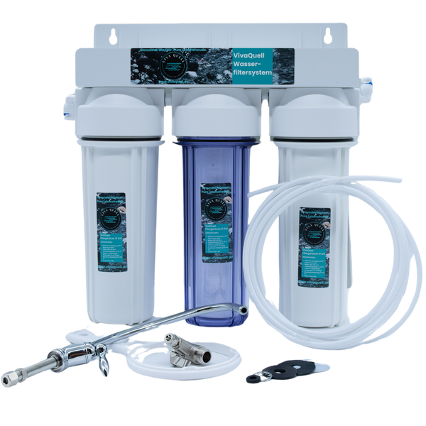 Untertisch-Wasserfilteranlage, 3 Filterstufen mit Filtern, Schlauch und Zubehör in Weiß