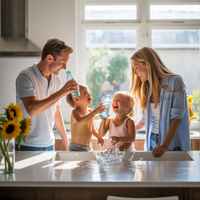 Glückliche Familie trinkt gemeinsam gefiltertes Wasser in der Küche