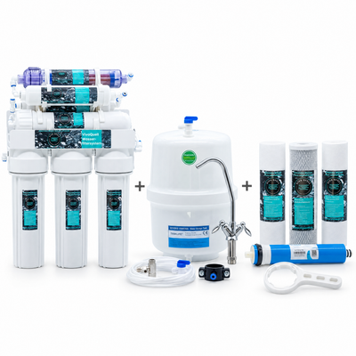 7-stufiges Umkehrosmose-System mit Filtern, Tank, Wasserhahn und Schläuchen