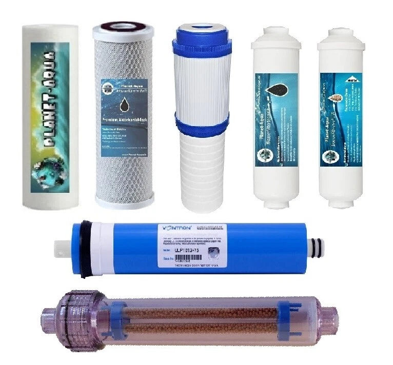 Planet-Aqua 7-Stufen Ersatzfilter-Set | inkl. 2-in-1 Kombifilter, Mineralfilter, 75 GPD Membran & AIFIR Negativ-Ionen-Filter