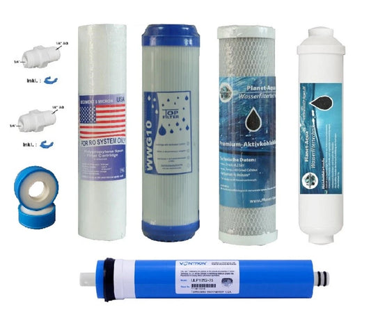 Ersatzfilter-Set für 5-stufige RO-Umkehrosmoseanlagen | inkl. 75 GPD Membran & Zubehör
